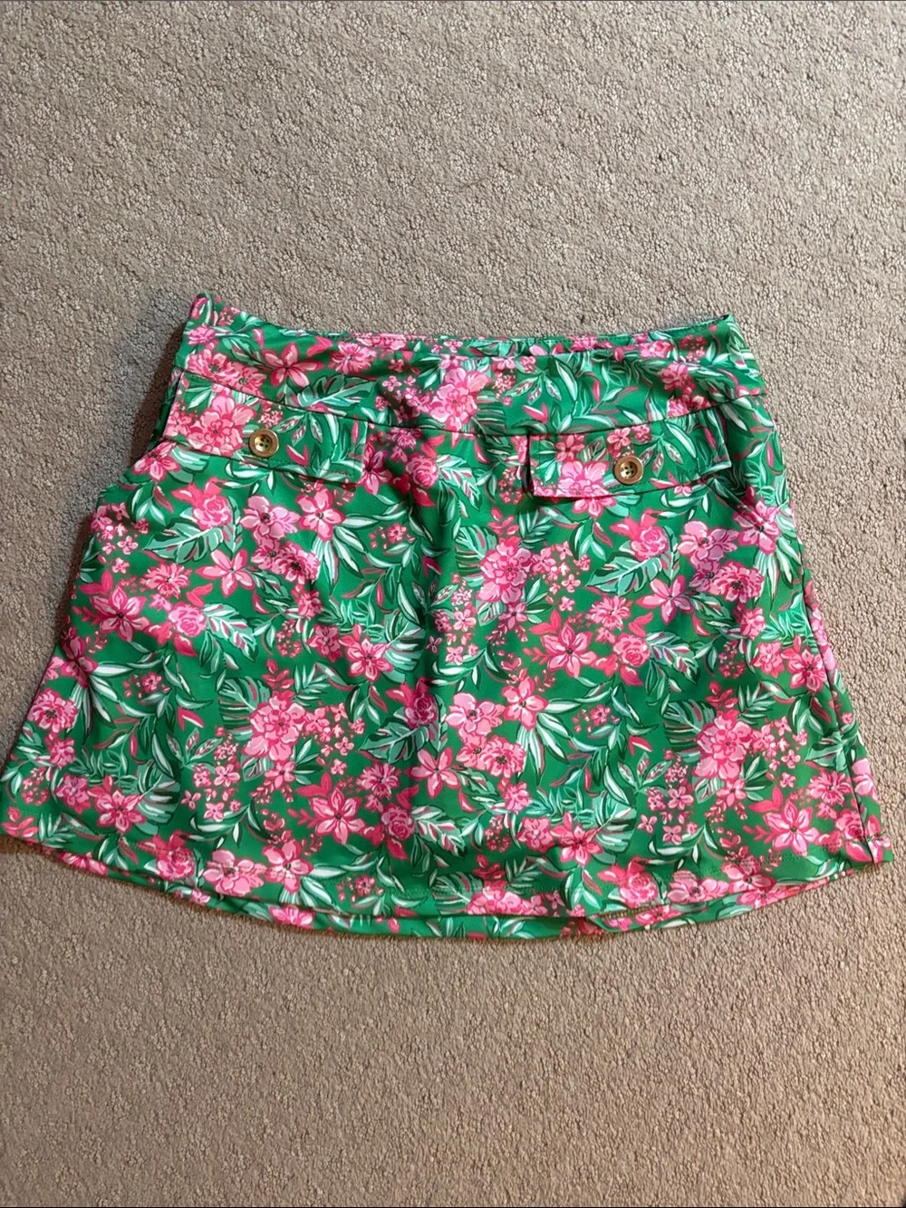 Dear Scarlet Green Floral A-Line Skort with Pink Bloom Print
